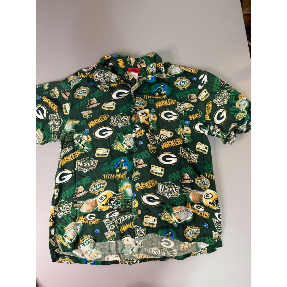 Vintage NFL Green Bay Packers All Over Print Button Down Shirt Mens XL Green